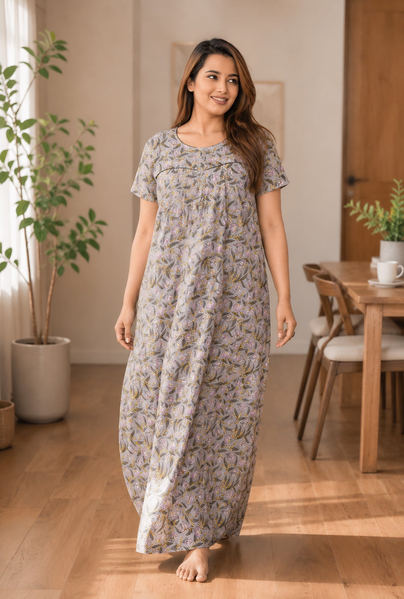 Daisy Delight Grey Cotton Printed Nightwear Gowns