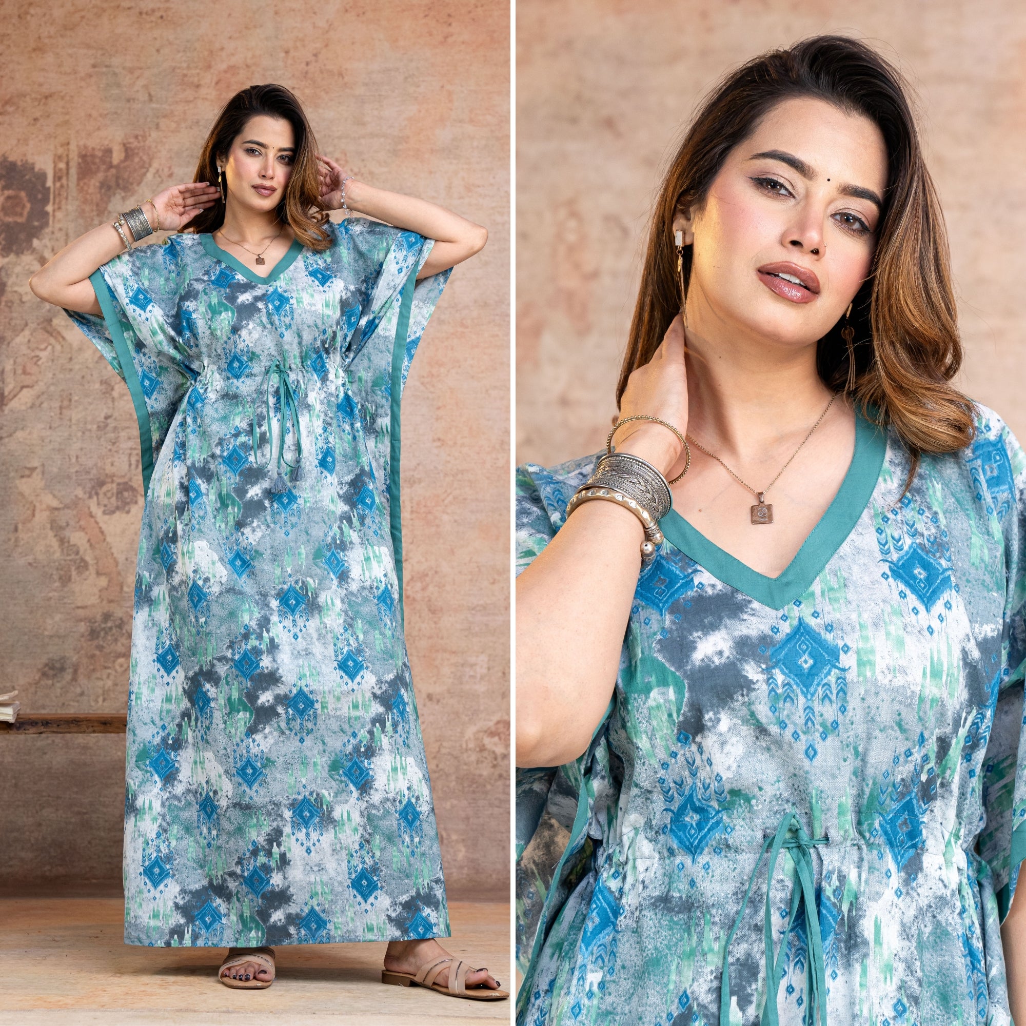 Ikkat Blue Grey Loungewear Cotton Kaftan