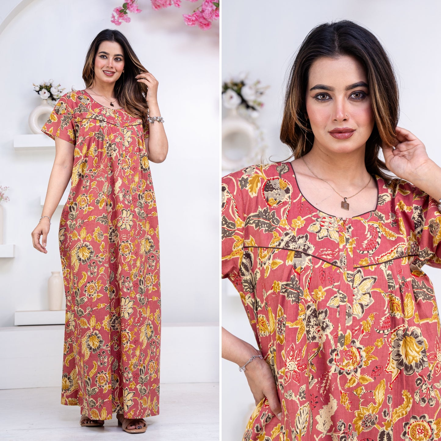 Floral Heritage Rust Cotton Printed Nightwear Gowns