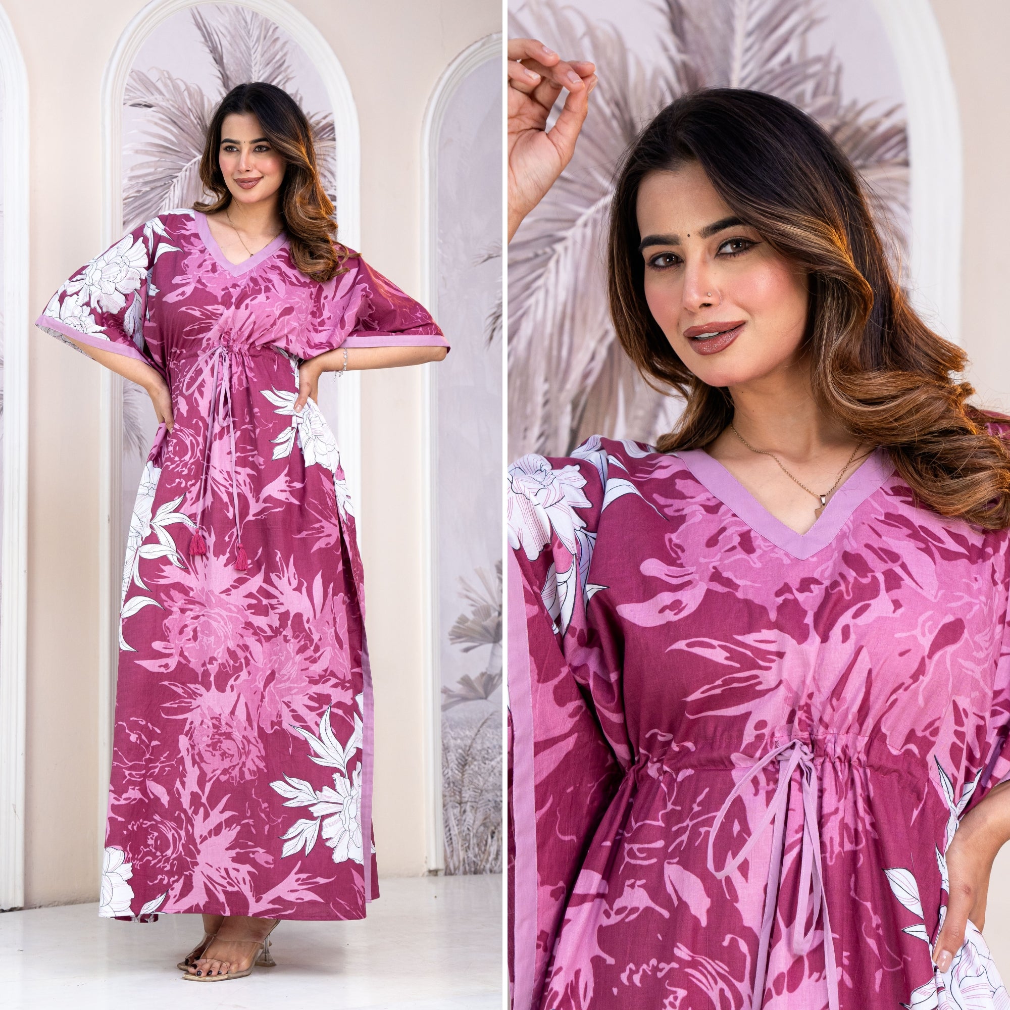 Palm Breeze Pink Loungewear Cotton Kaftan