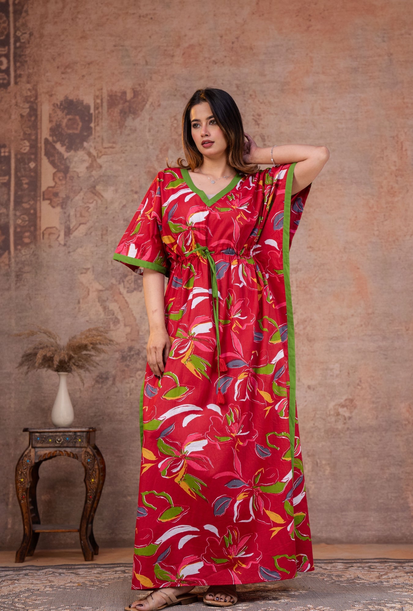Gulnaar Floral Red Loungewear Cotton Kaftan