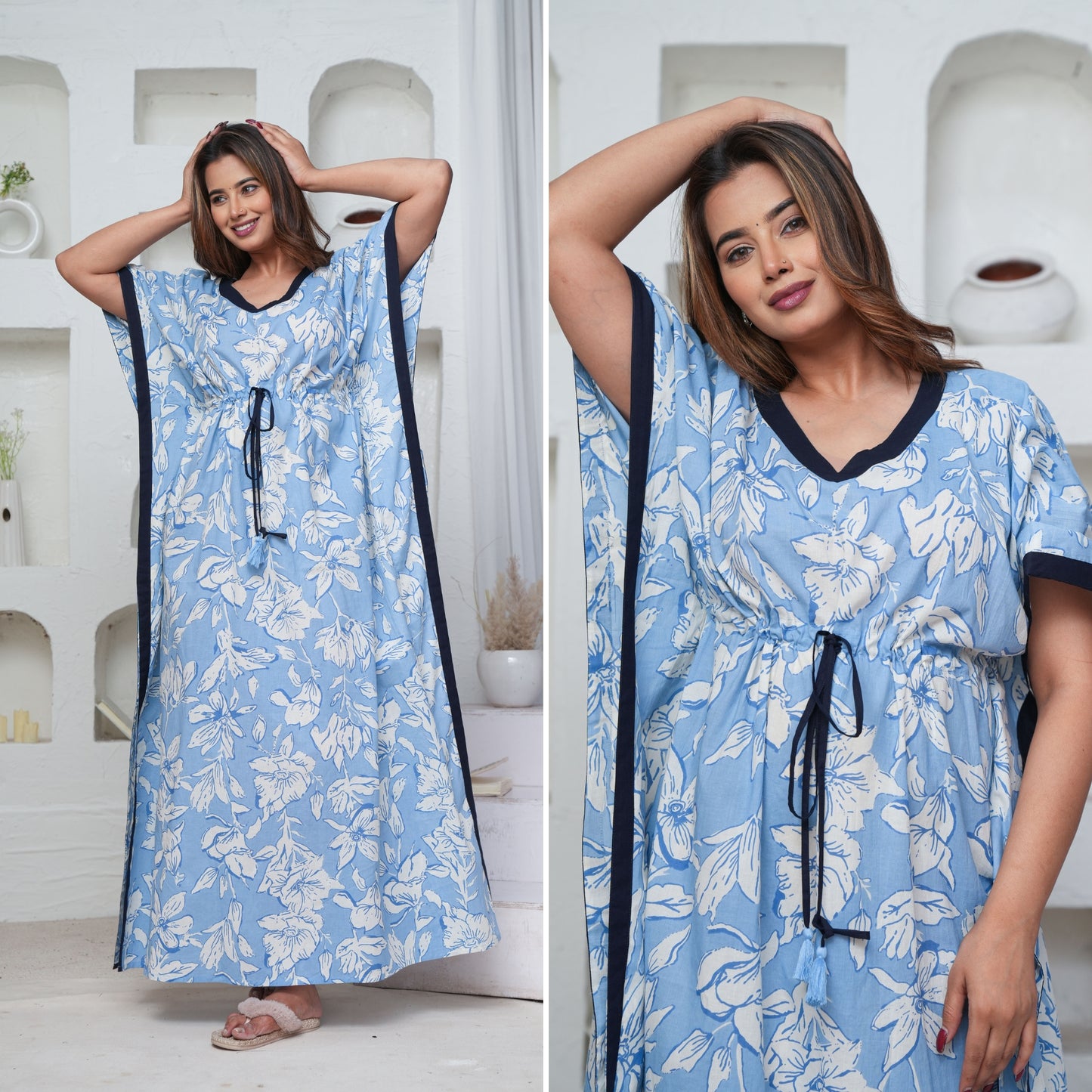 Pastel Flower Sky Blue Loungewear Cotton Kaftan
