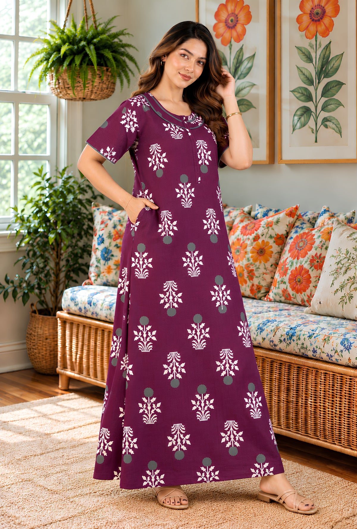 Imperial Bloom Magenta Printed Cotton Night Gown