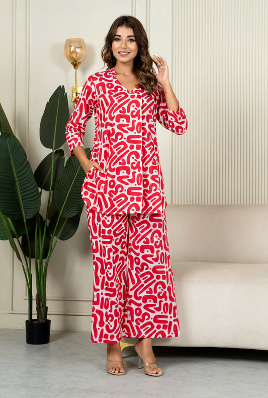 Urban Mirage Red Cotton Loungewear Co-ords Set