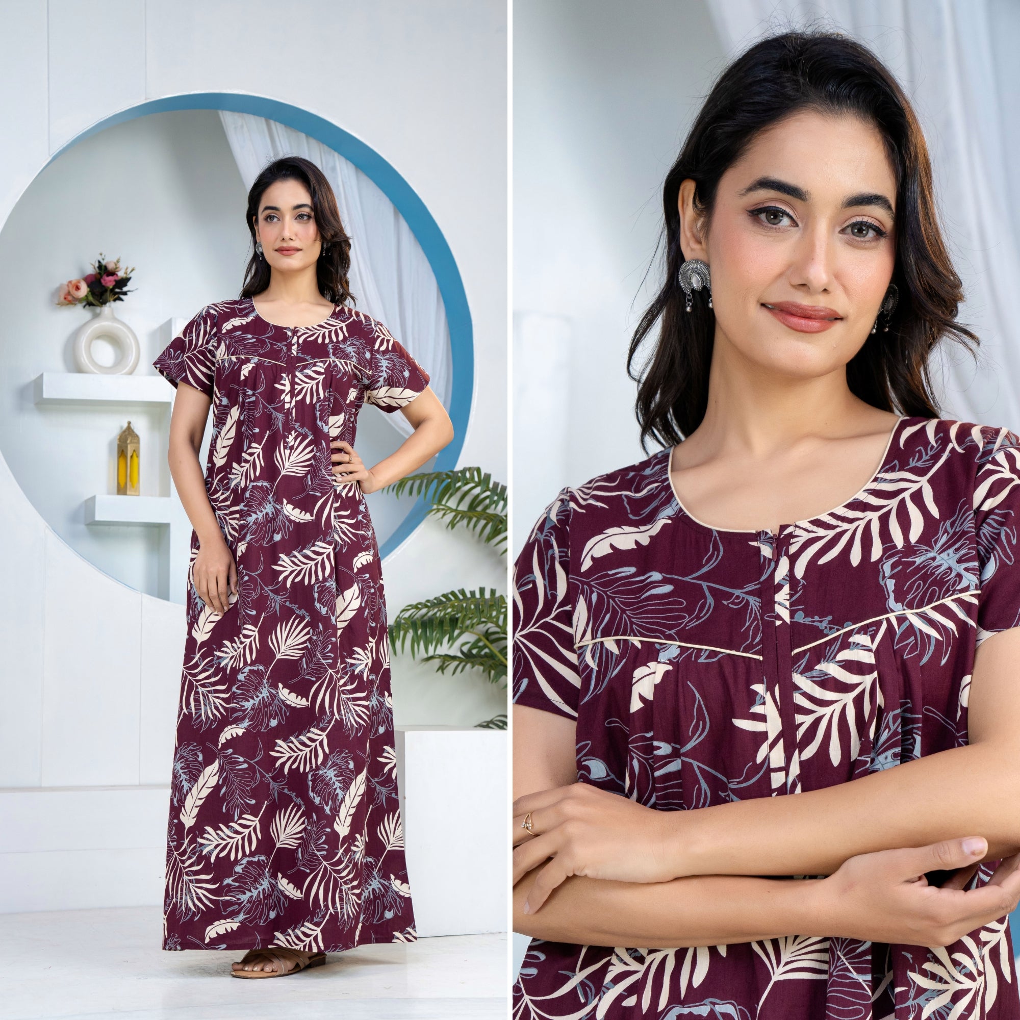 Plum Leaf Wine Cotton Printed Nightwear Gowns