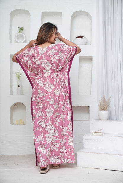 Pastel Flower Rose Loungewear Cotton Kaftan