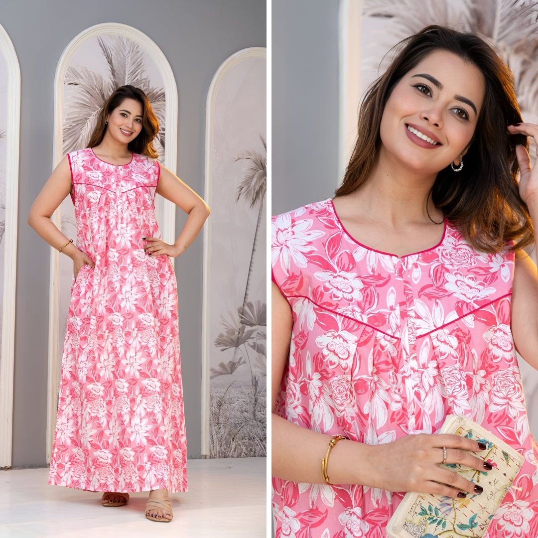 Petal Crush Pink Sleeveless Cotton Night Gown