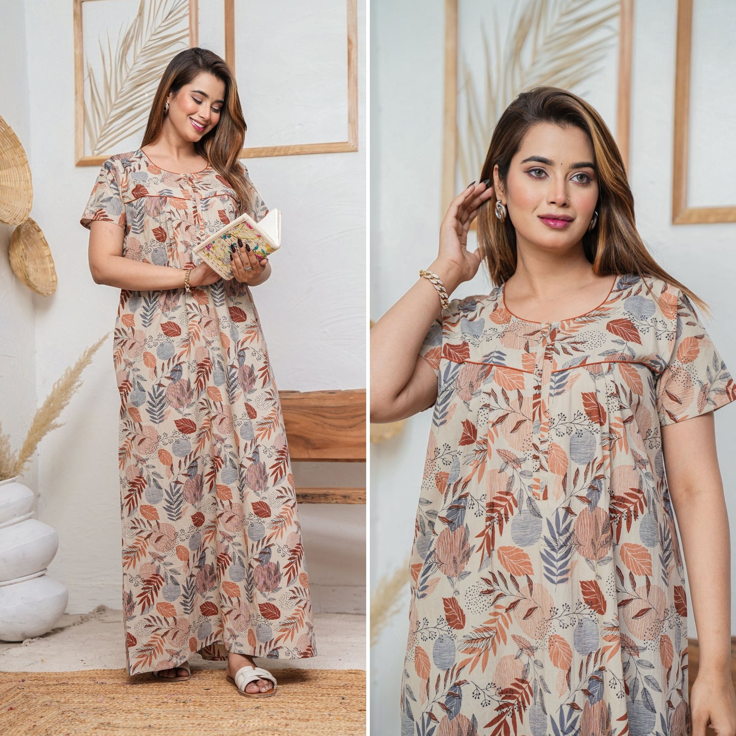 Lining Leaves Grey Cotton Printed Nightwear Gowns