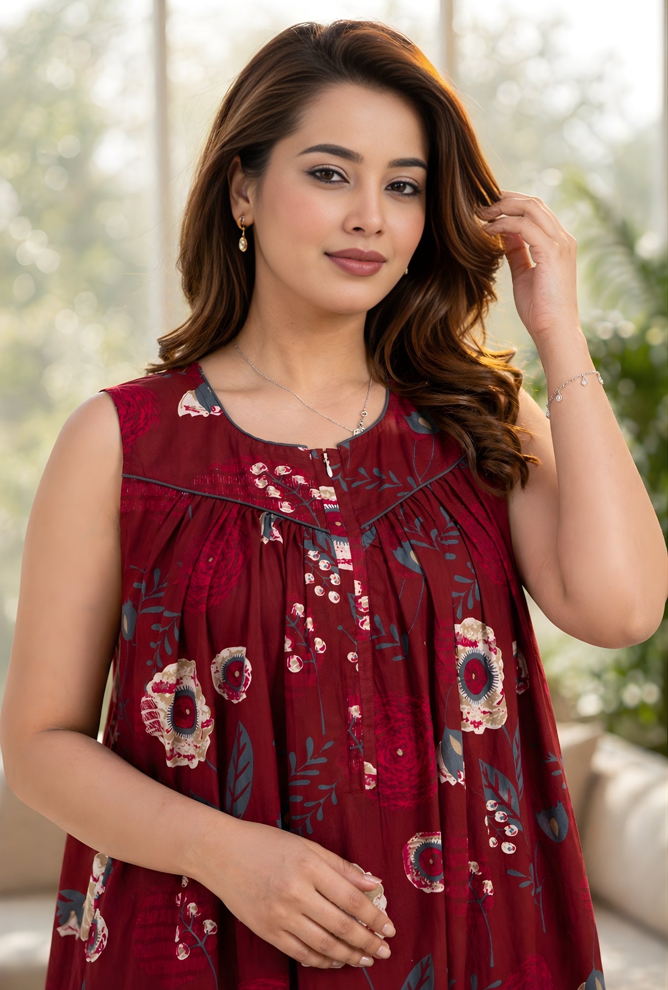 Ruby Petal Maroon Cotton Night Gown