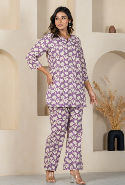 Violet Flora Print Cotton Loungewear set