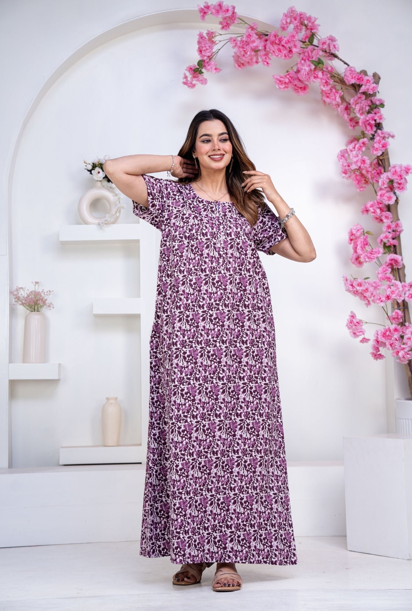 Batik Flower Purple Cotton Printed Nightwear Gowns