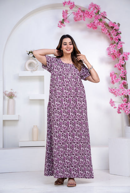 Batik Flower Purple Cotton Printed Nightwear Gowns