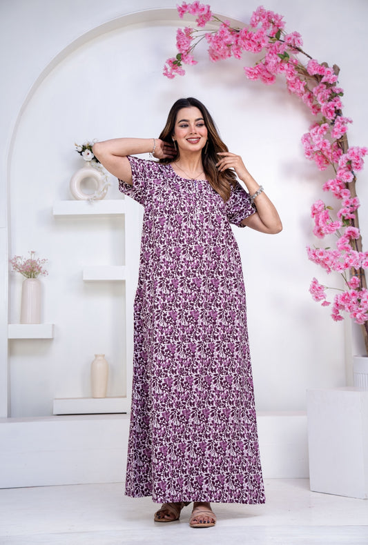 Batik Flower Purple Cotton Printed Nightwear Gowns