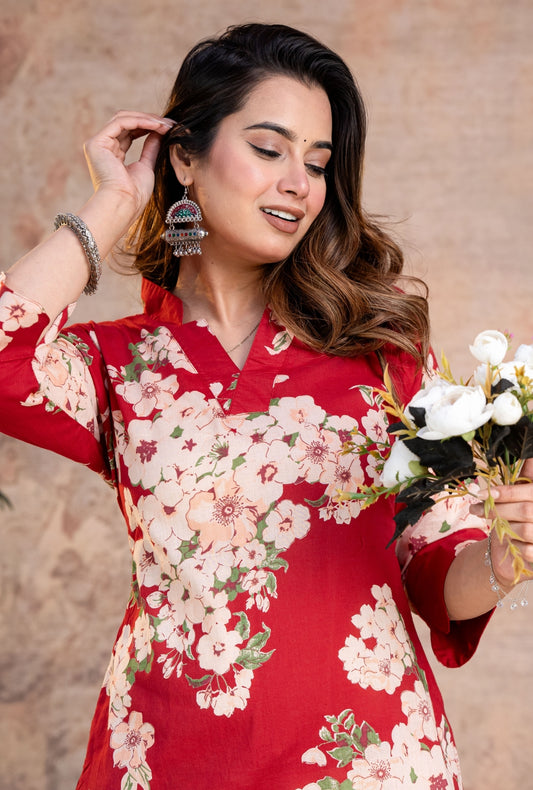 Rosella Red Printed Cotton Co-ords Set