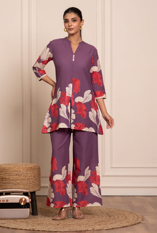 Flora Mist Purple Printed Cotton Co-ords Set