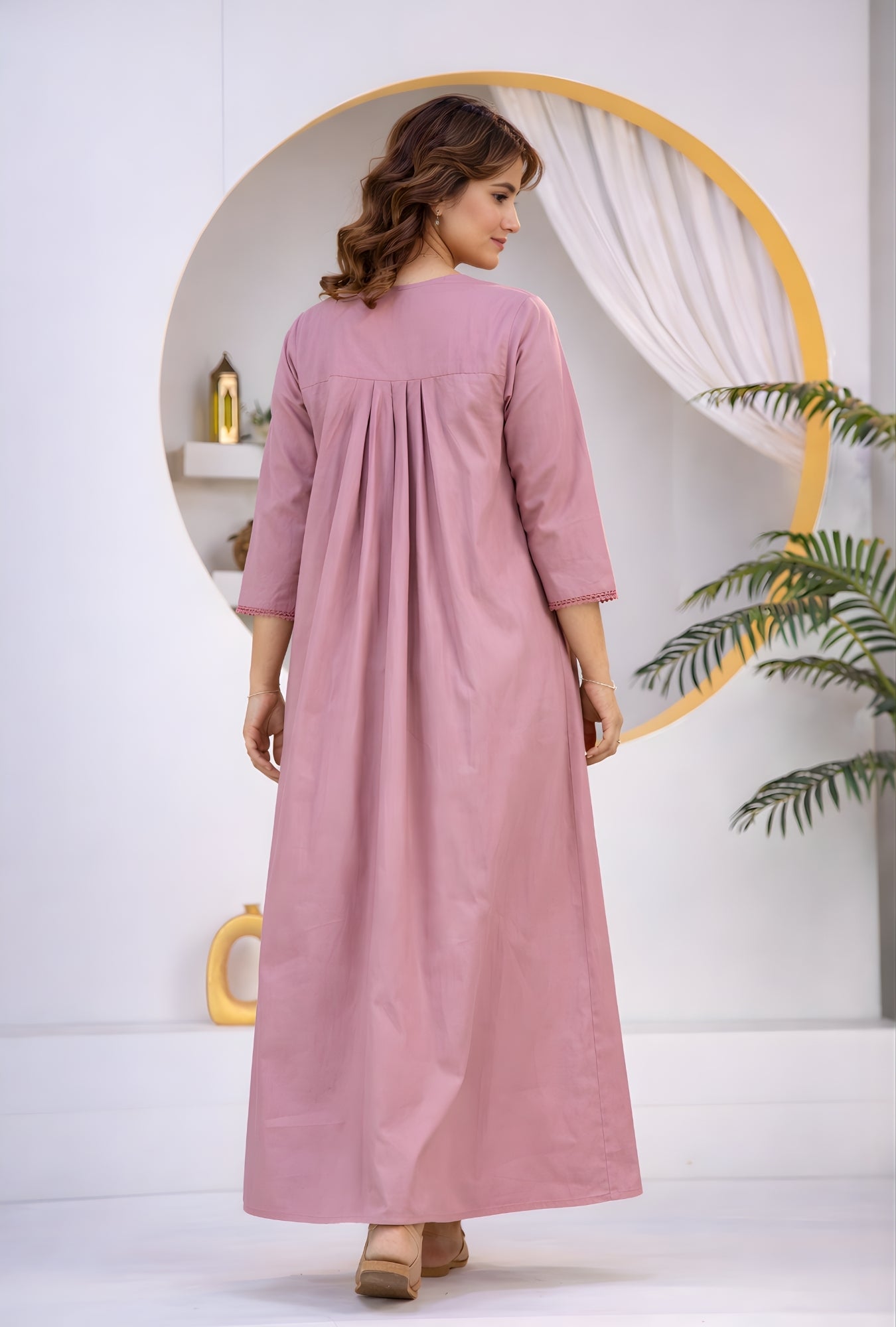 Dusty Rose Floral Embroidery Yoke Cotton Night Gown