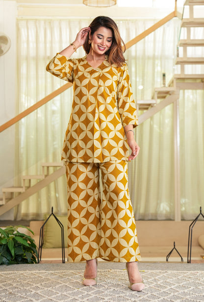 Cubika Mustard Printed Cotton Co-ords Set