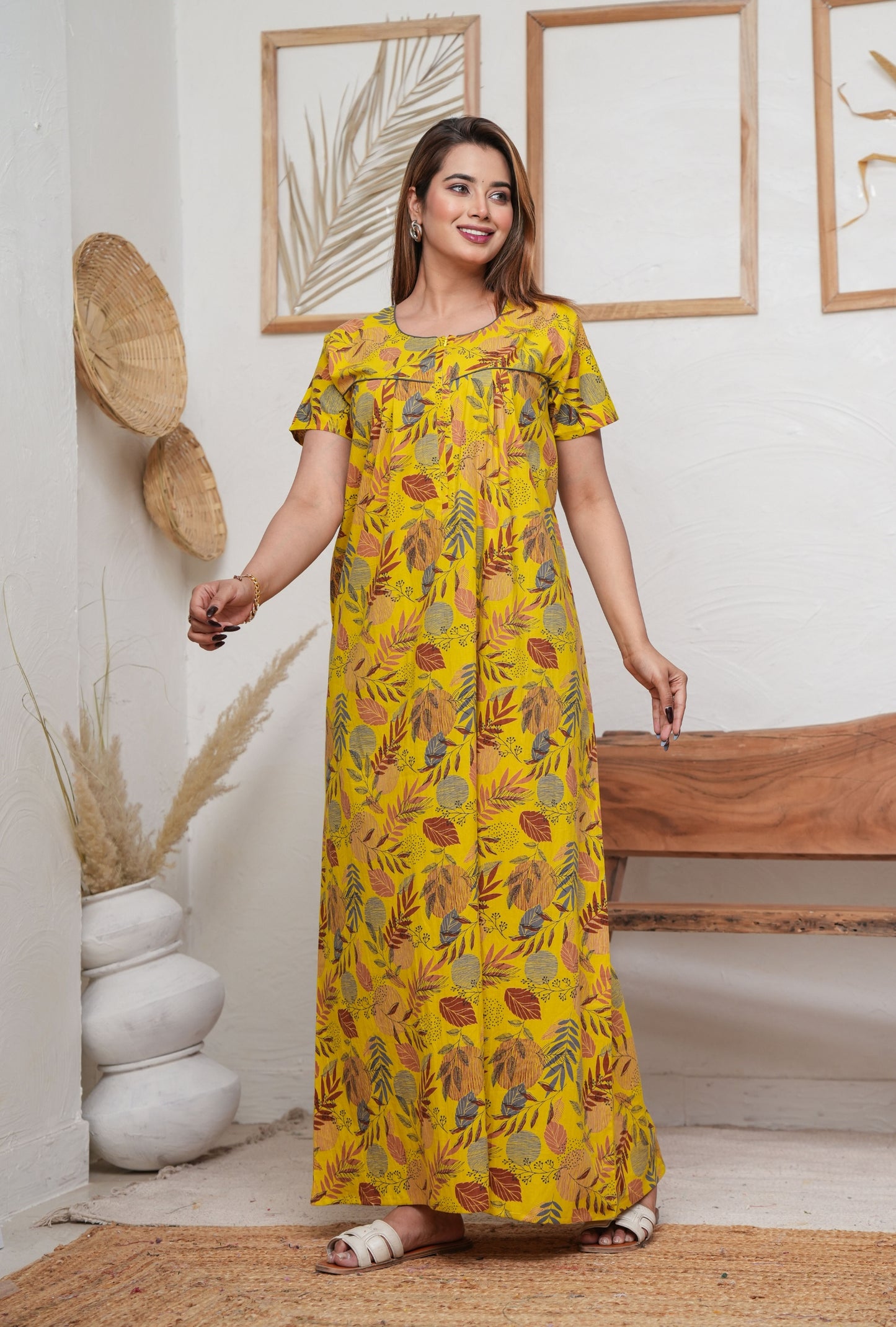 Lining Leaves Yellow Cotton Printed Nightwear Gowns