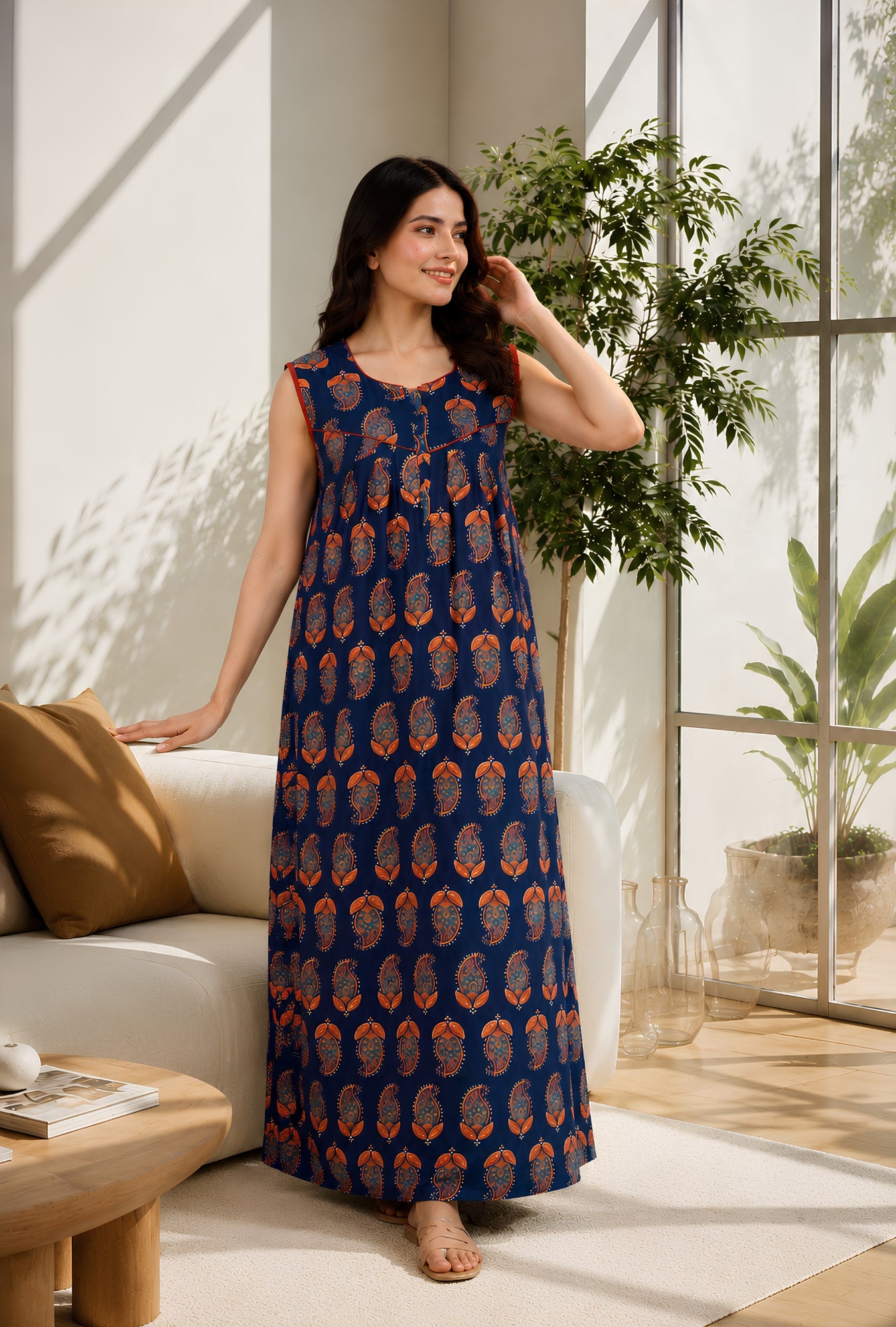 Paisley Blue Sleeveless Cotton Night Gown