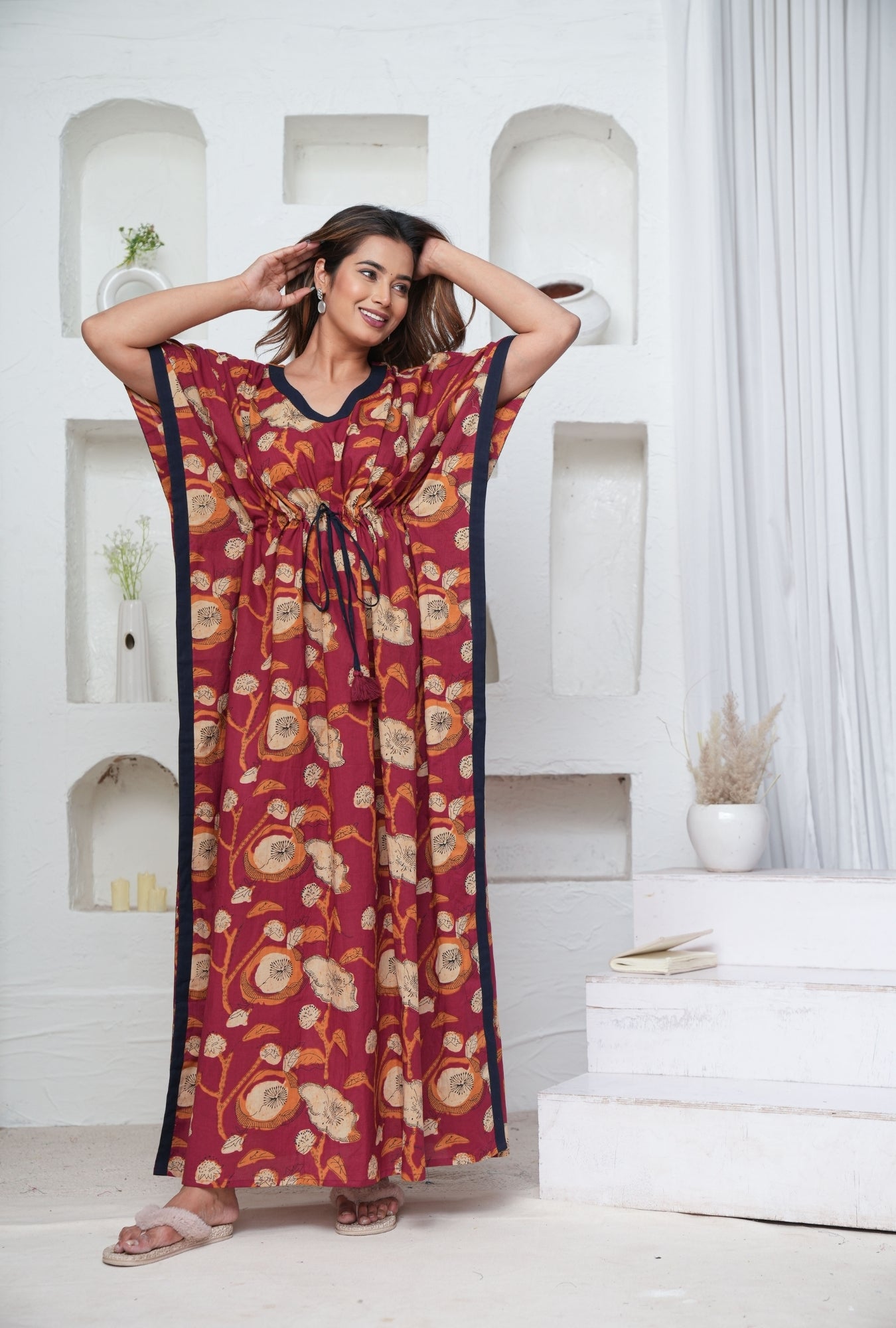 Poppy Flower Maroon Loungewear Kaftan