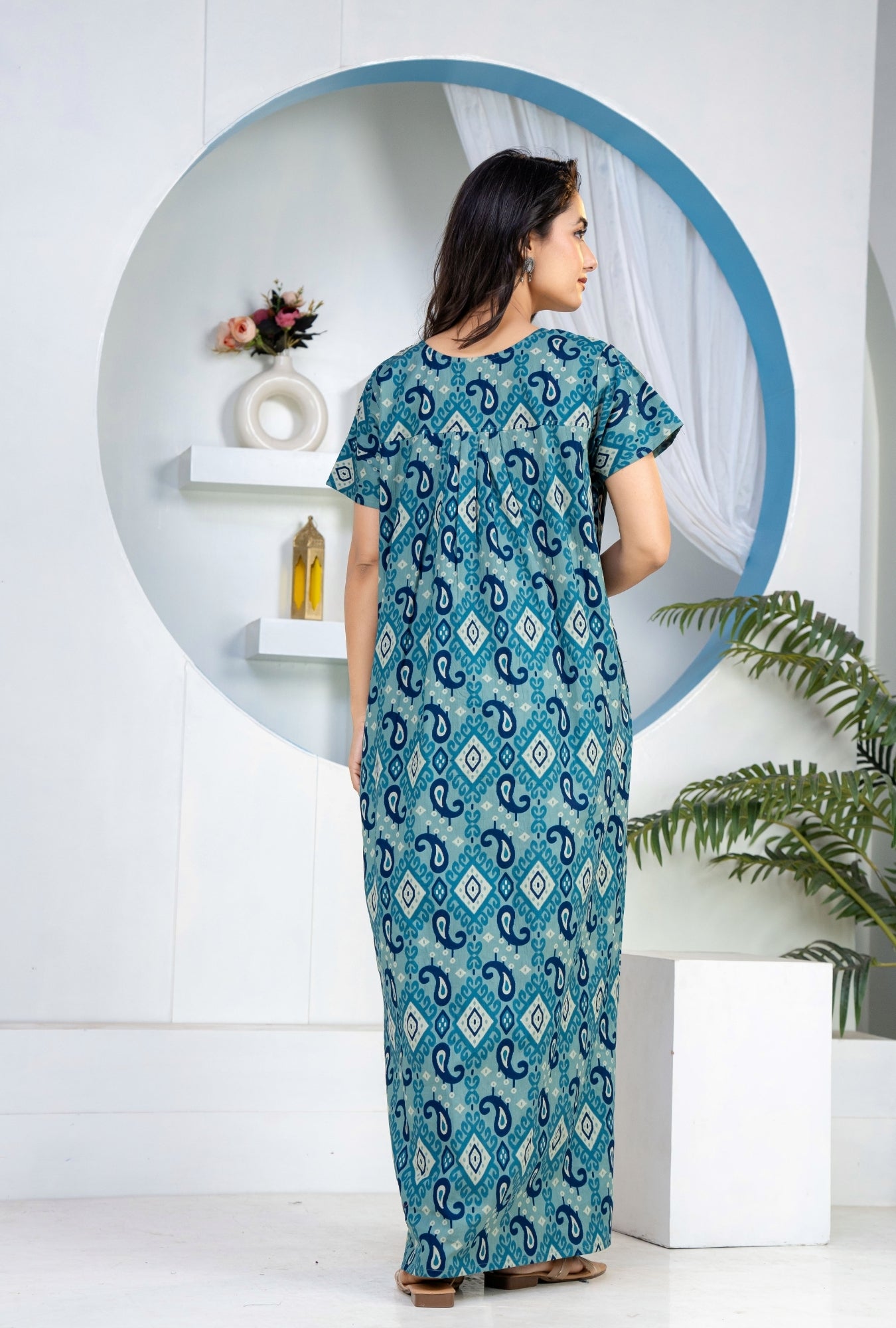 Ikkat Kairy Blue Cotton Printed Nightwear Gowns