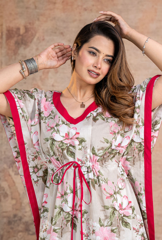 Blossom Flower Grey Loungewear Cotton Kaftan