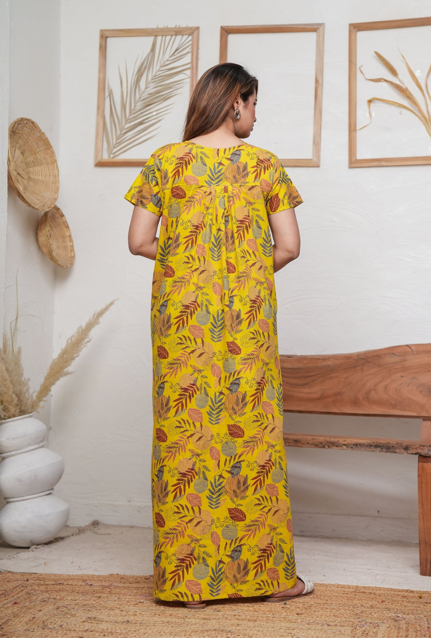 Lining Leaves Yellow Cotton Printed Nightwear Gowns