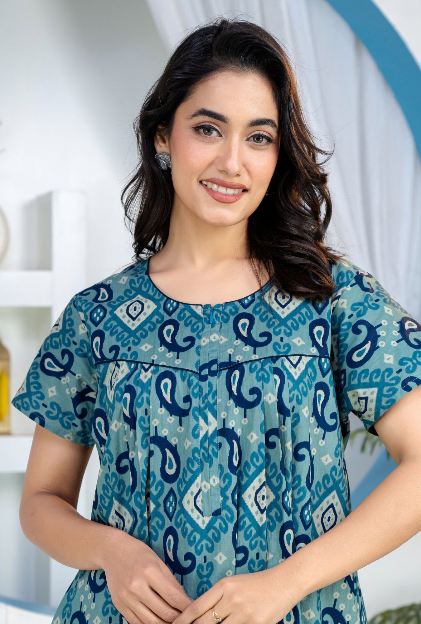 Ikkat Kairy Blue Cotton Printed Nightwear Gowns