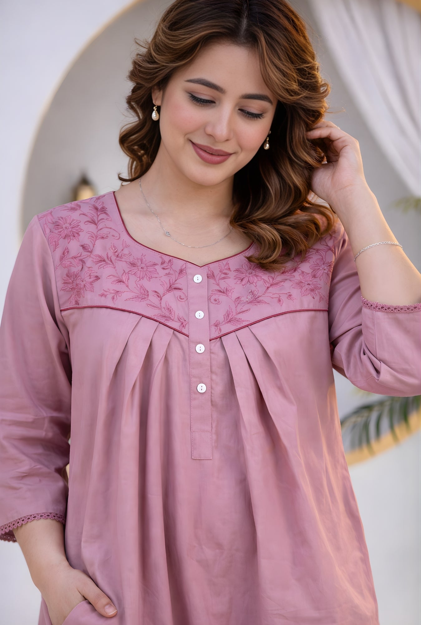 Dusty Rose Floral Embroidery Yoke Cotton Night Gown