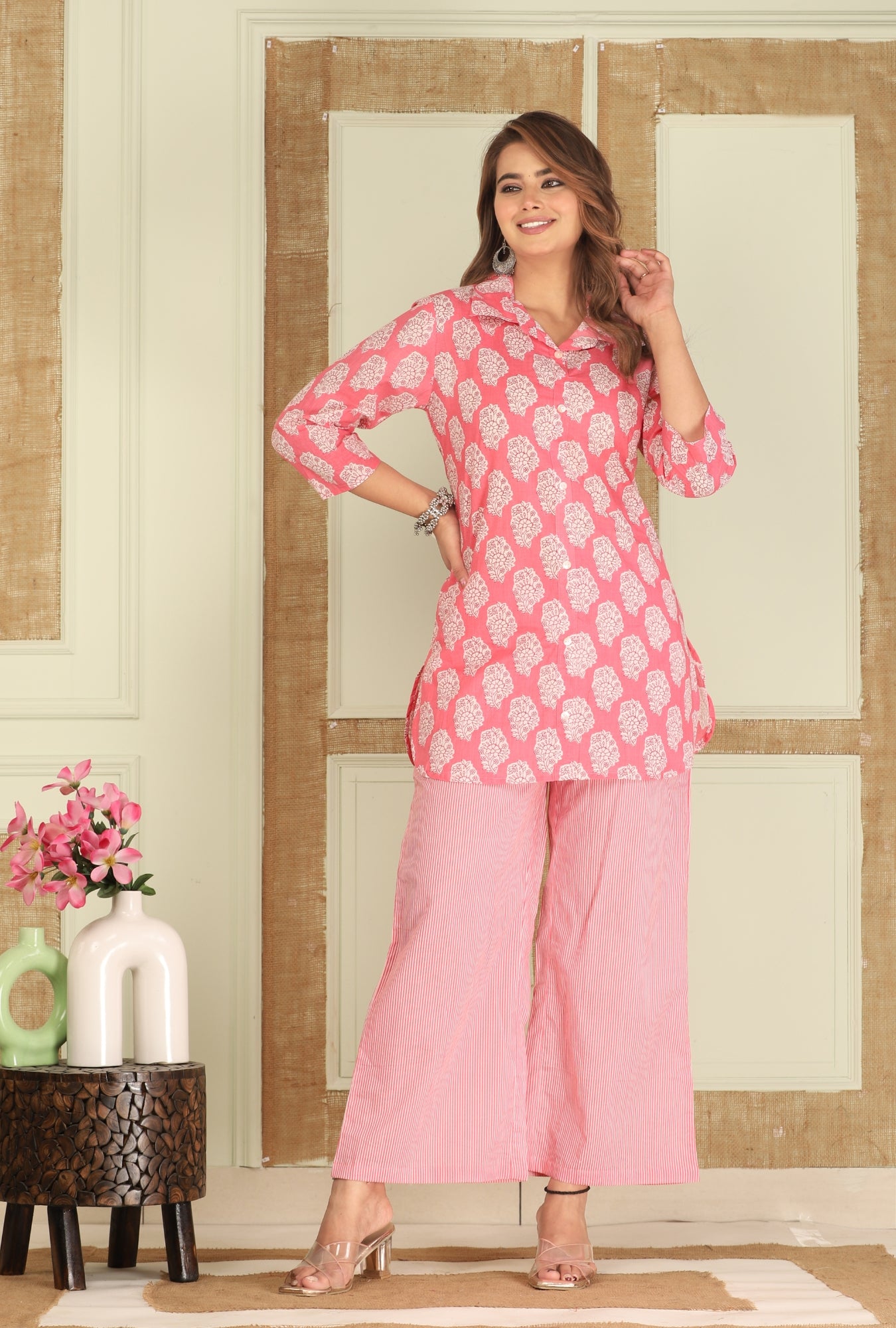 Bell Buta Pink Cotton Loungewear Co-ords Set