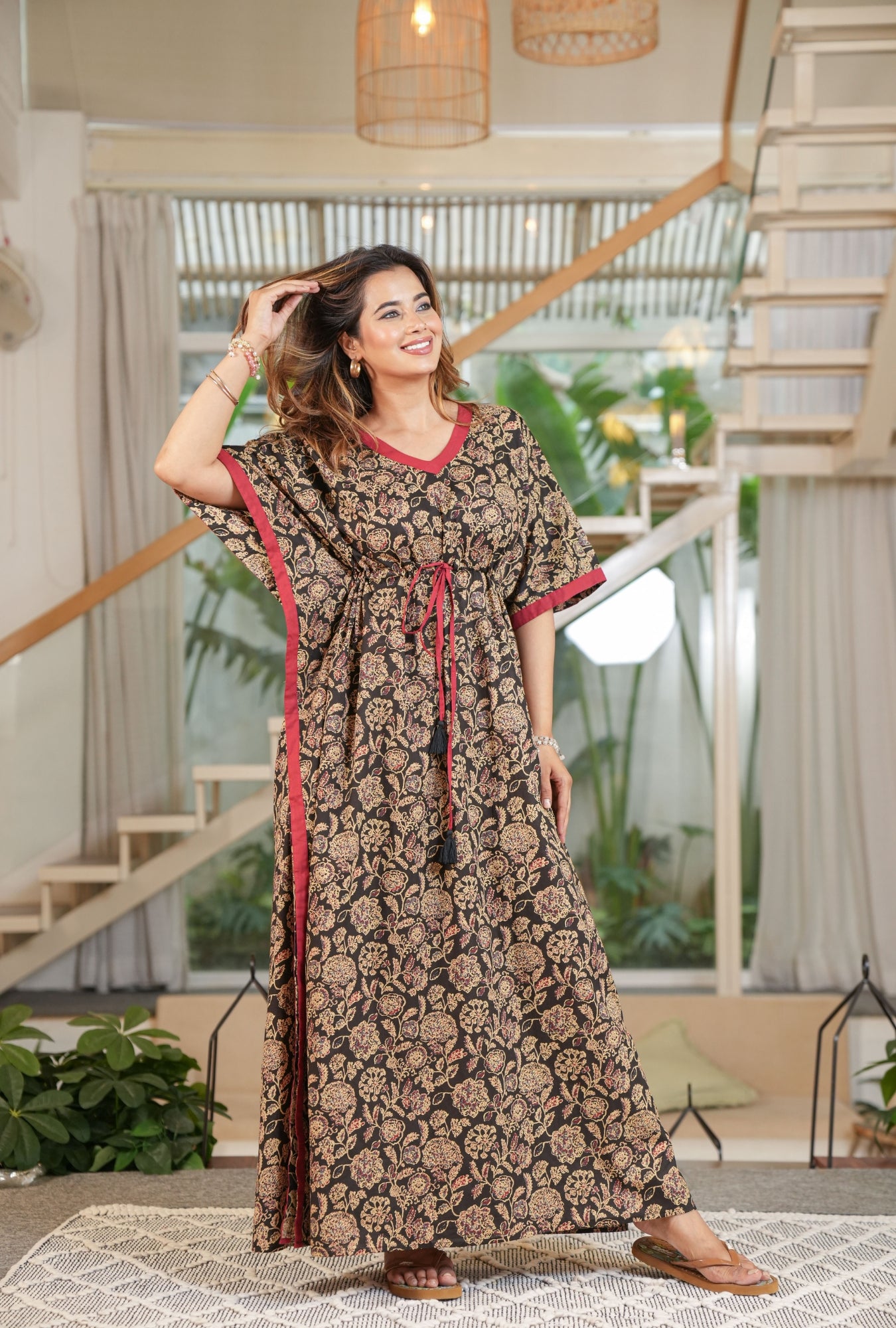 Flora Ajrak Black Loungewear Cotton Kaftan