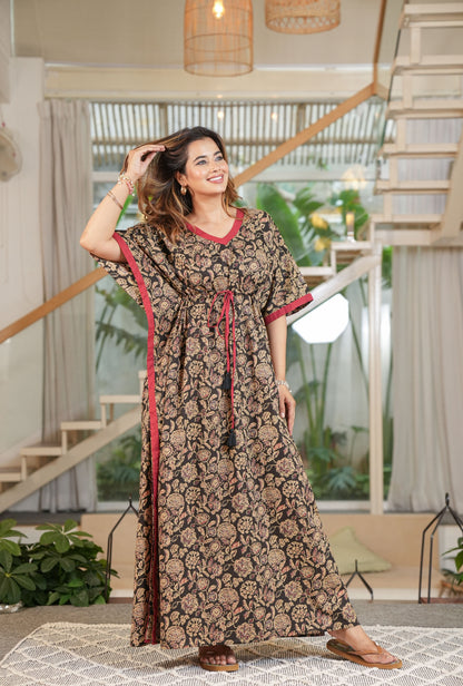 Flora Ajrak Black Loungewear Cotton Kaftan
