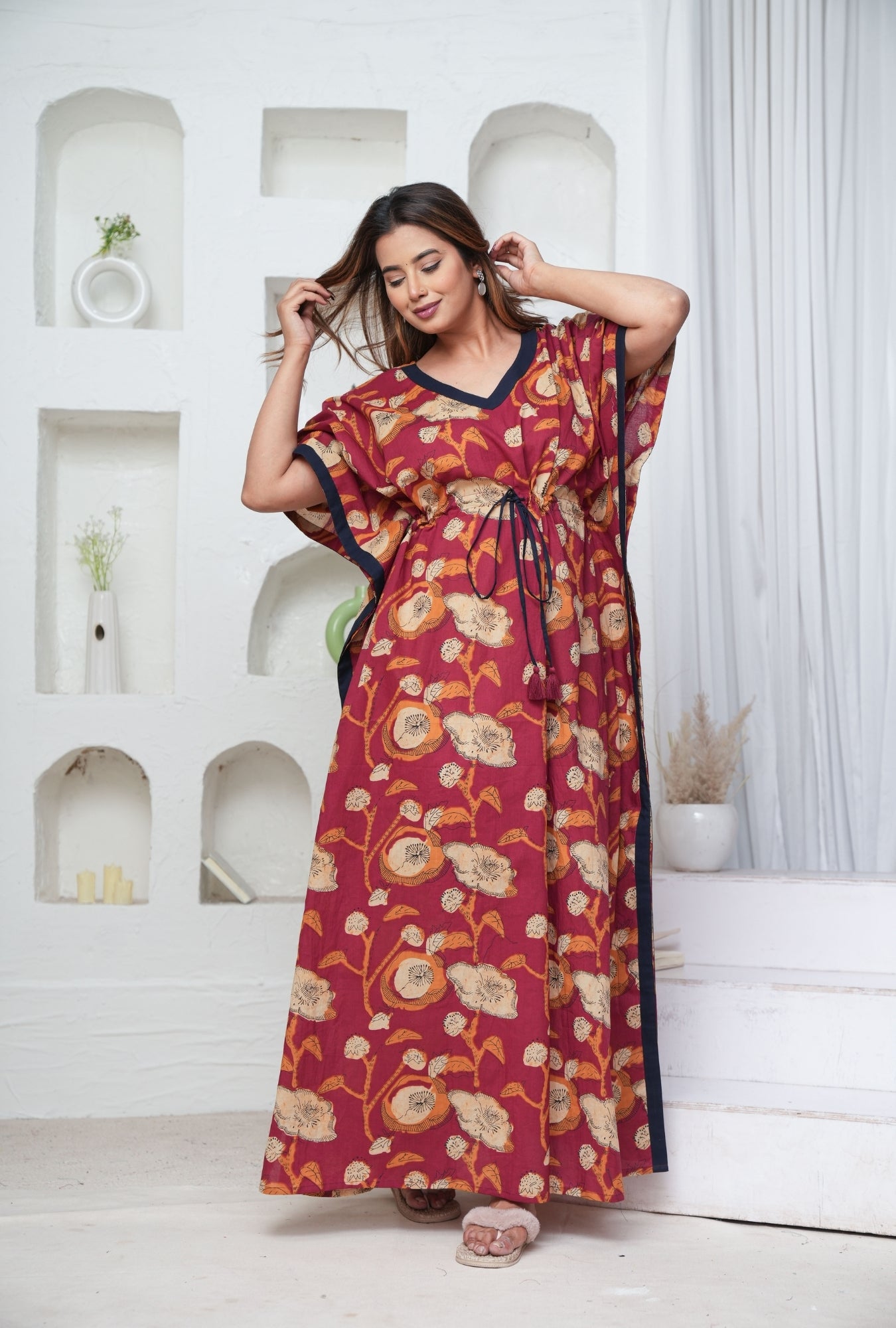Poppy Flower Maroon Loungewear Kaftan
