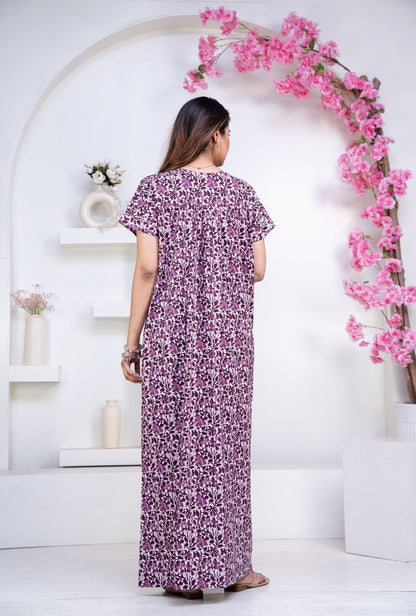 Batik Flower Purple Cotton Printed Nightwear Gowns