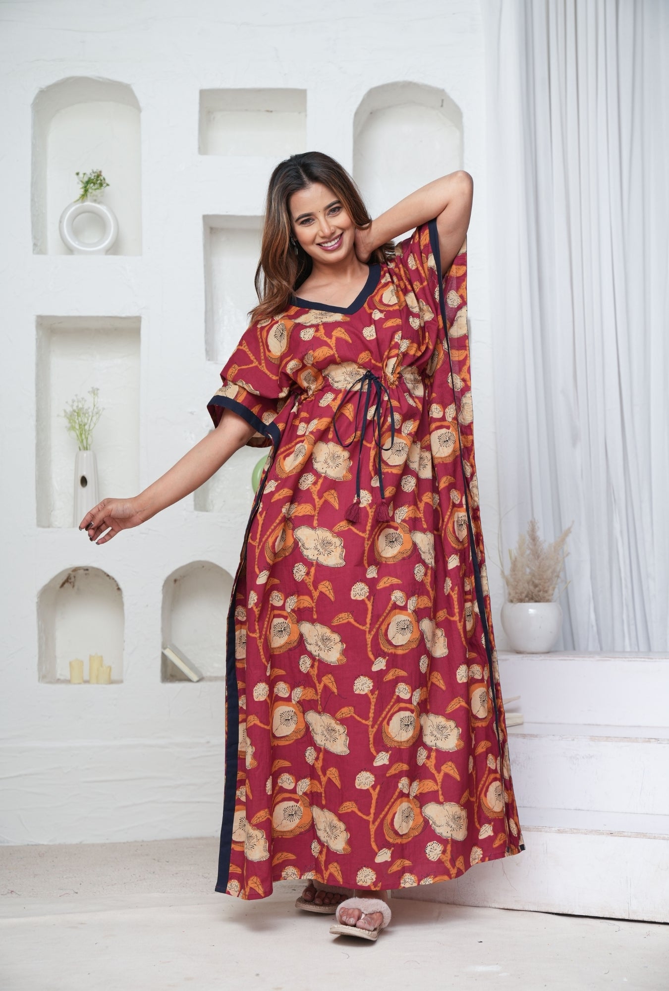 Poppy Flower Maroon Loungewear Kaftan