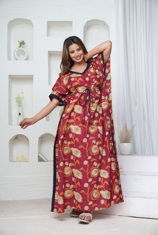 Poppy Flower Maroon Loungewear Kaftan