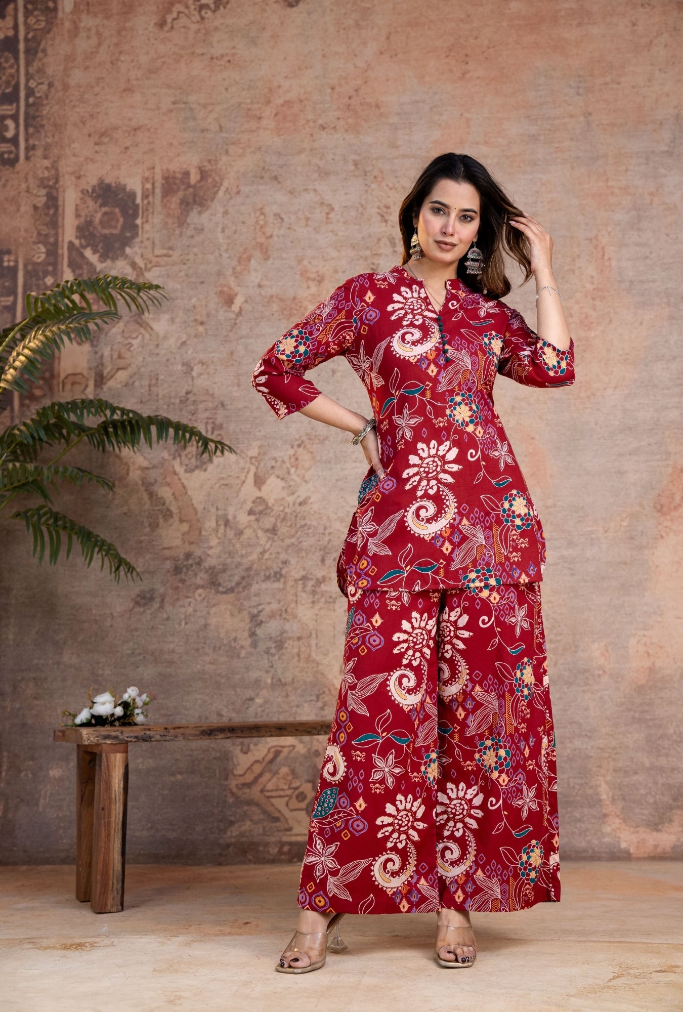 Folk Legends Maroon Printed Cotton Co-ords Set