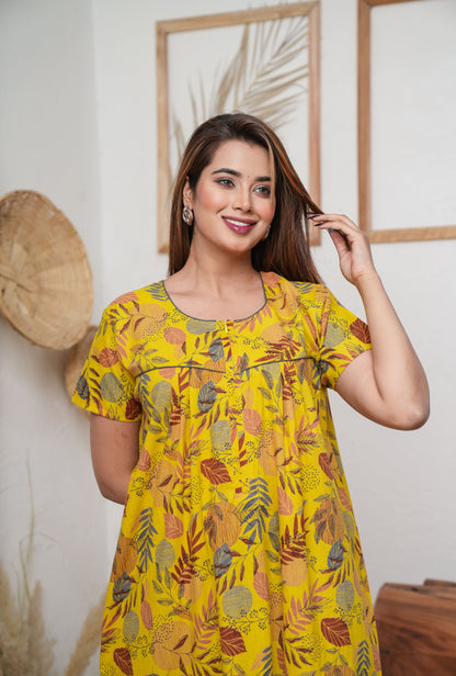 Lining Leaves Yellow Cotton Printed Nightwear Gowns