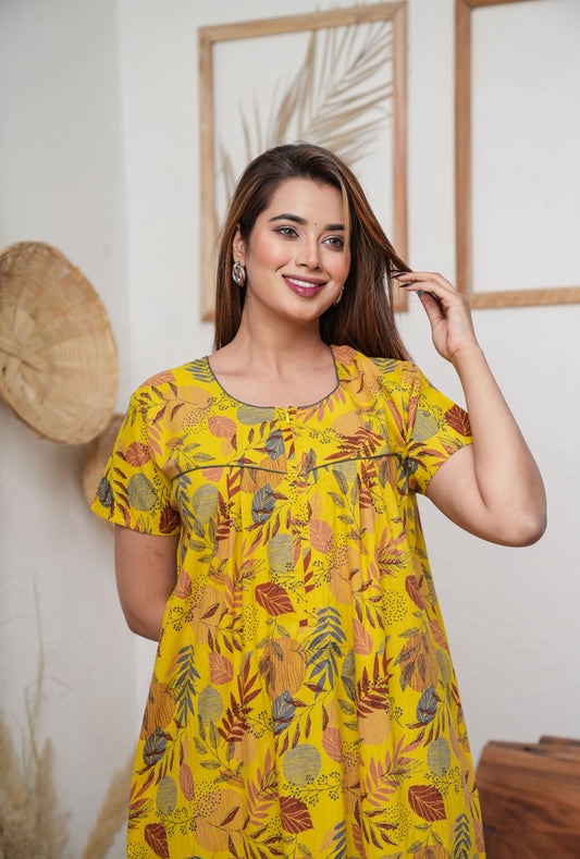 Lining Leaves Yellow Cotton Printed Nightwear Gowns