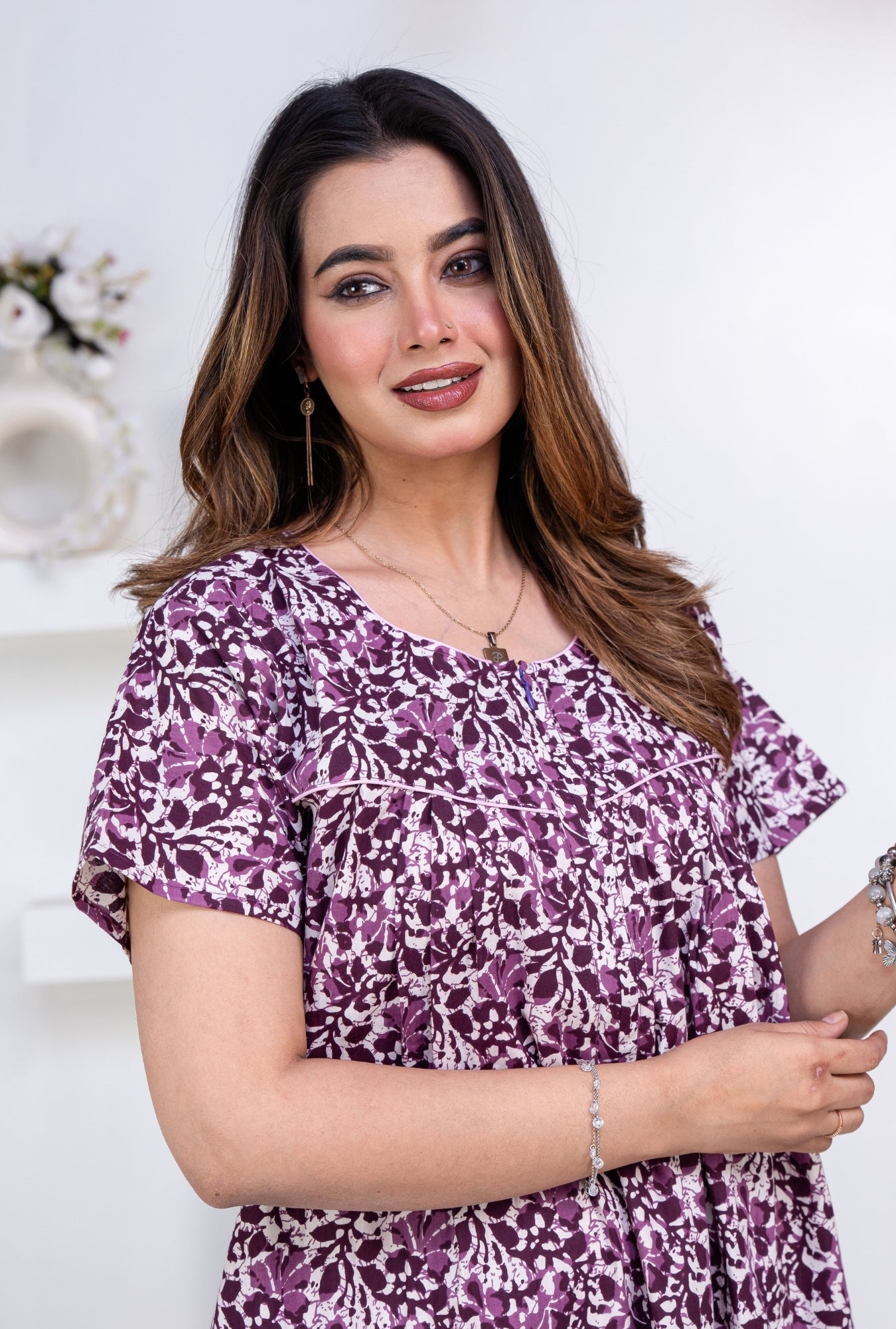 Batik Flower Purple Cotton Printed Nightwear Gowns