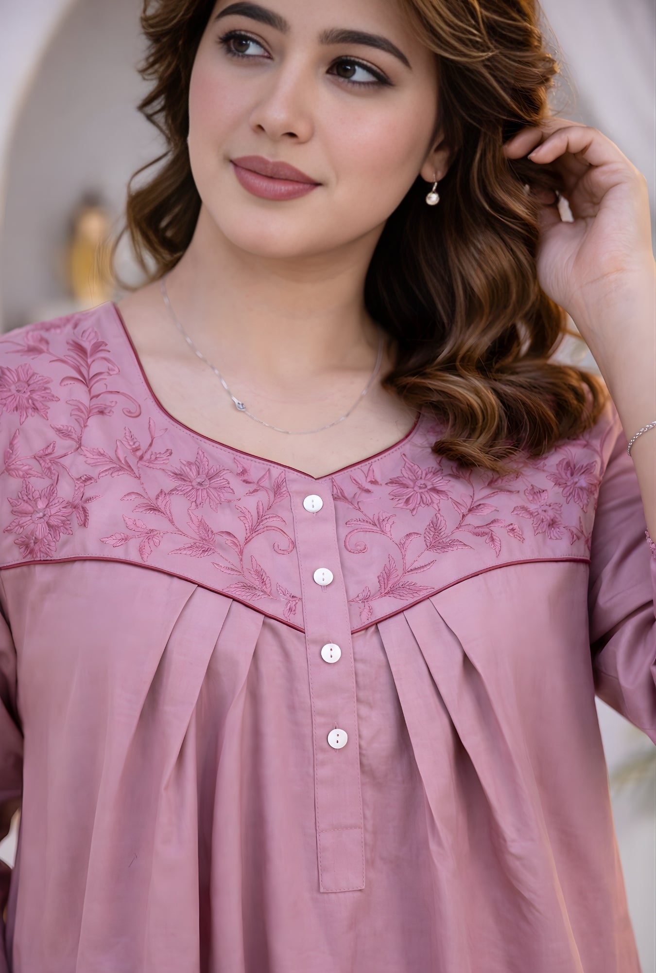 Dusty Rose Floral Embroidery Yoke Cotton Night Gown