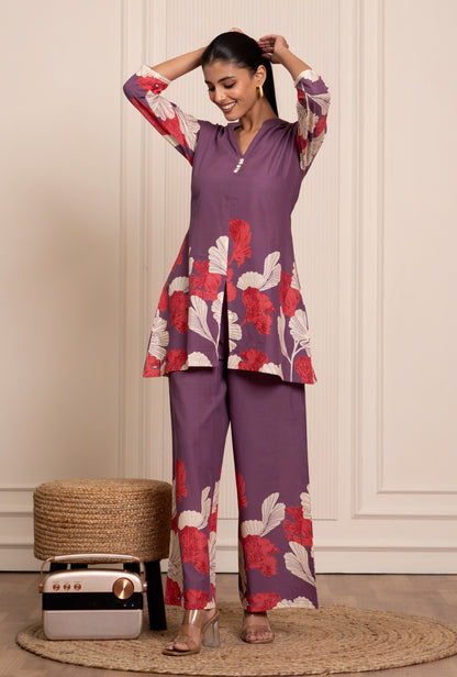 Flora Mist Purple Printed Cotton Co-ords Set