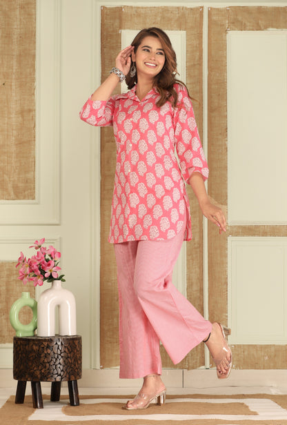 Bell Buta Pink Cotton Loungewear Co-ords Set