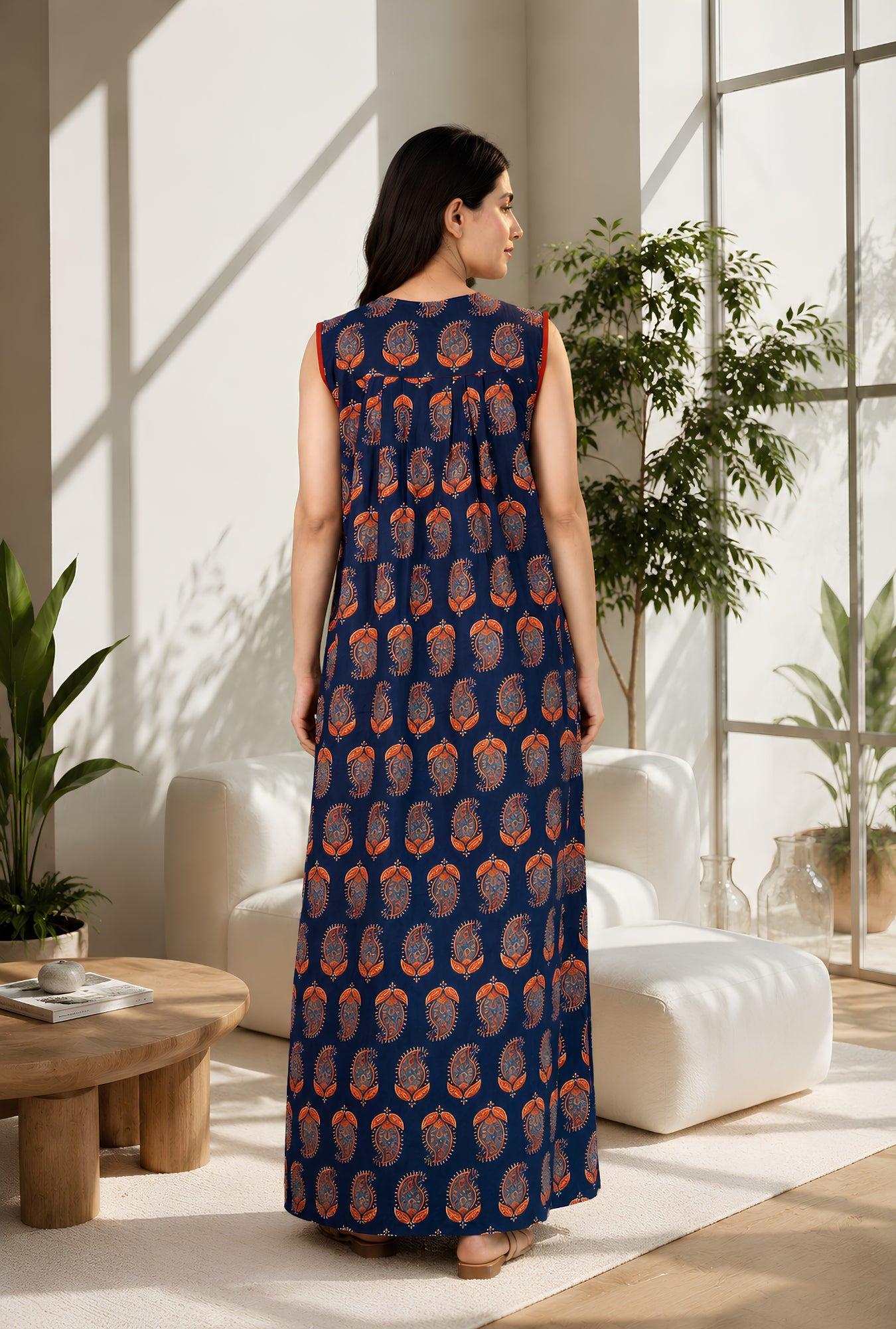 Paisley Blue Sleeveless Cotton Night Gown