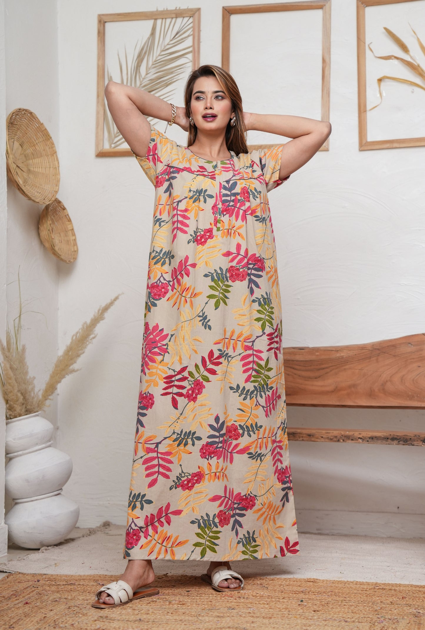 Neem Leaves Beige Cotton Printed Nightwear Gowns
