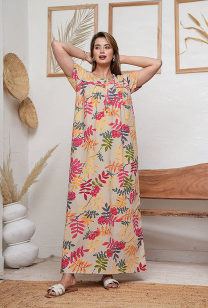 Neem Leaves Beige Cotton Printed Nightwear Gowns
