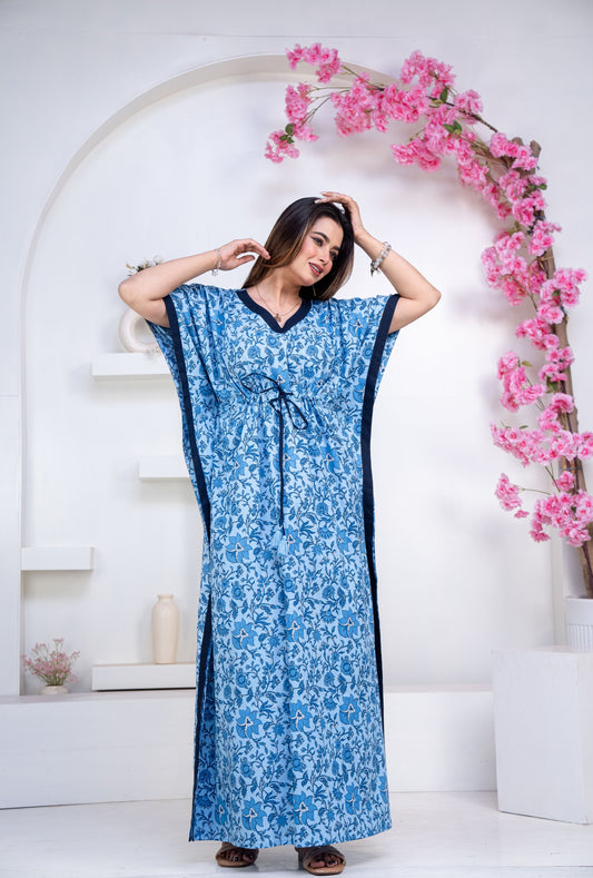 Petal Vines Blue Loungewear Cotton Kaftan