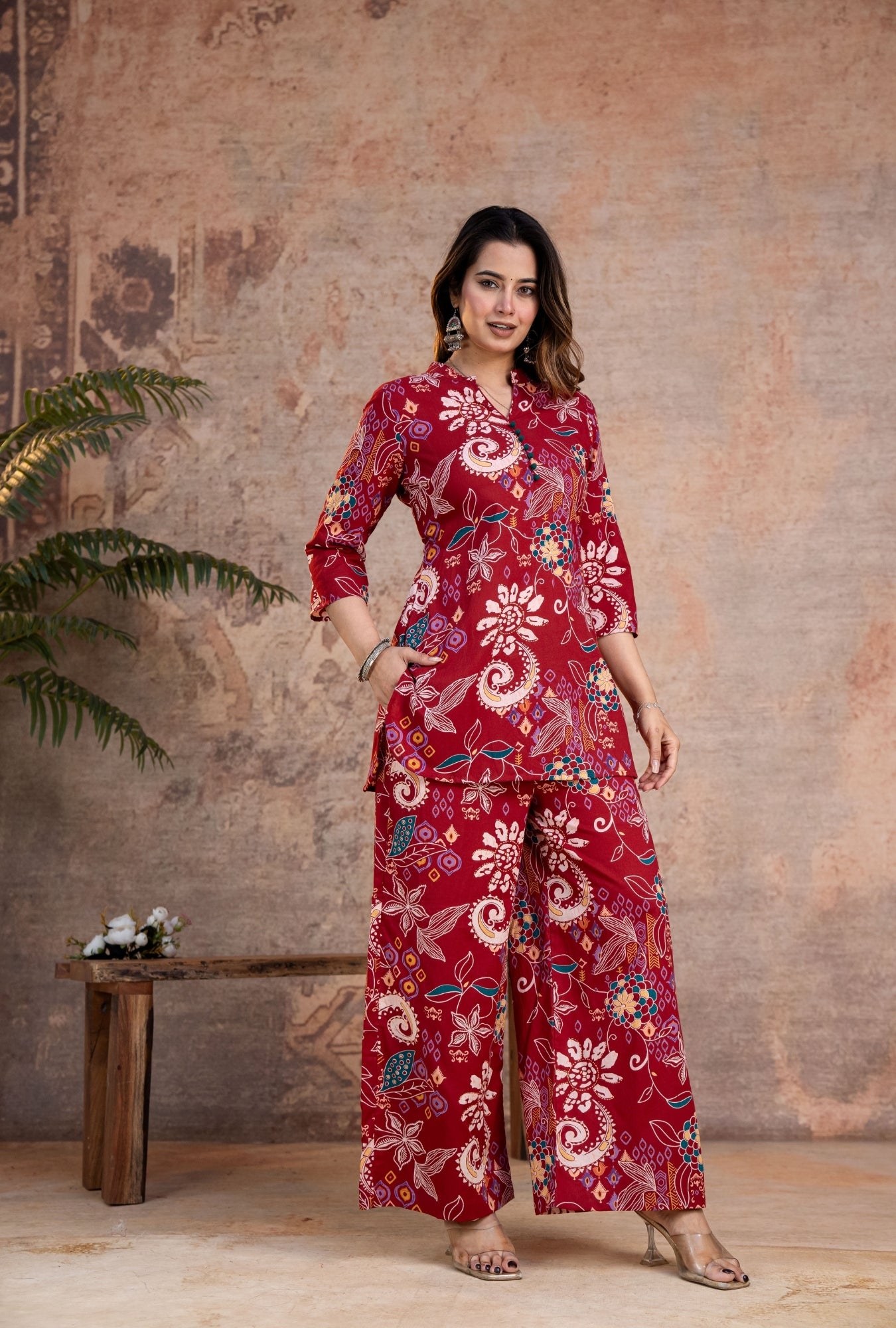 Folk Legends Maroon Printed Cotton Co-ords Set