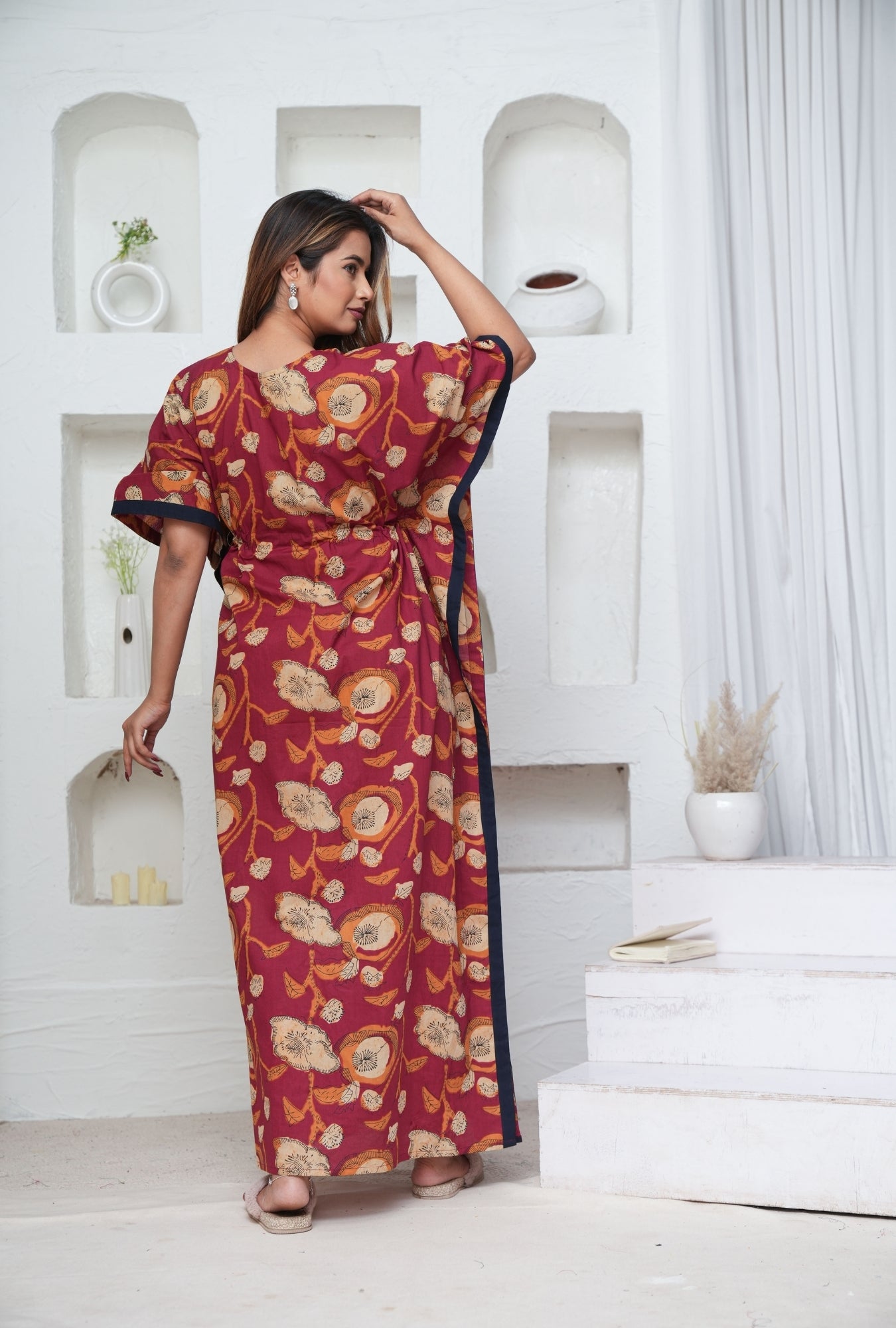Poppy Flower Maroon Loungewear Kaftan