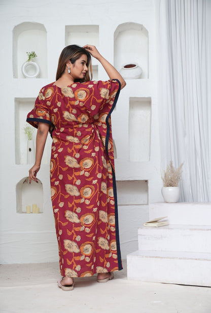 Poppy Flower Maroon Loungewear Kaftan